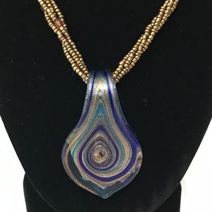 Glass Necklace with Blue & Gold Swirl